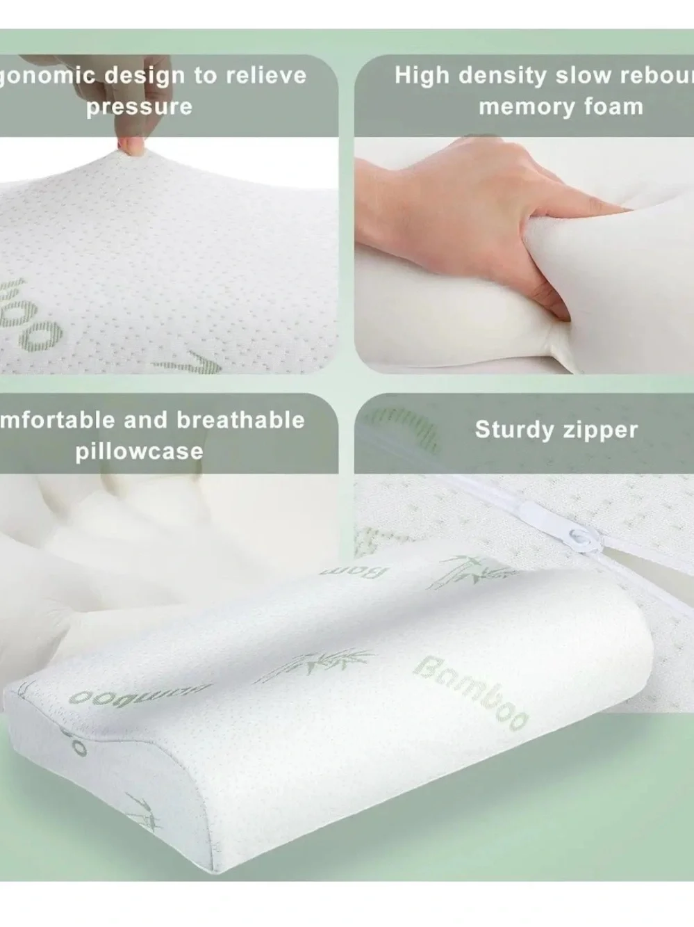 BAMBOO White Memory Foam Contour Pillow with Light Green Bamboo Print